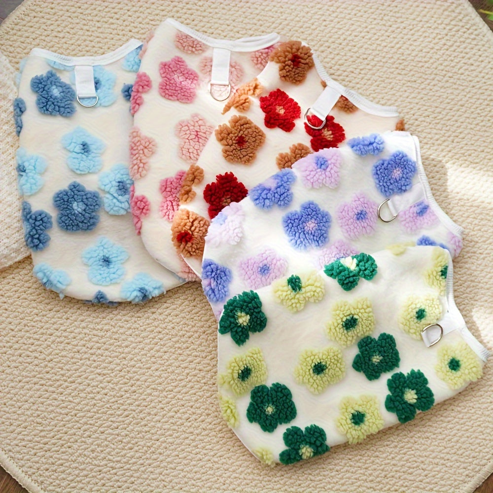 Pull en polaire pour chien, léger et bien chaud, motif de fleur colorées, anneau intégrer pour attacher une laisse, diverses couleurs