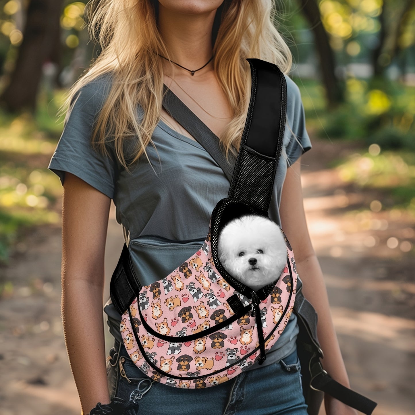 Sac en bandoulière pour transport de chiot et de petit chien, divers motif imprimés