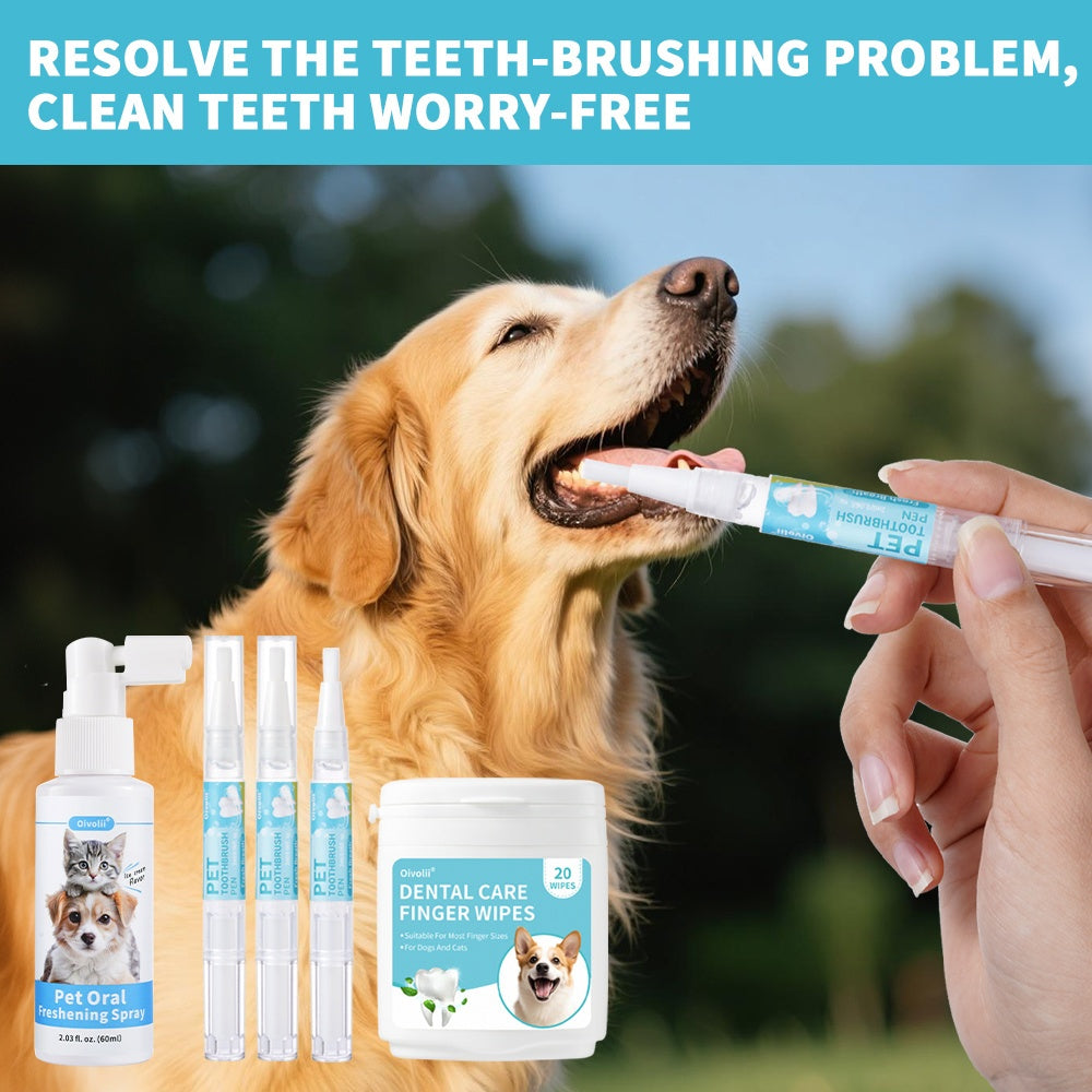Ensemble de soins bucco-dentaires pour chiens et chats, 5 pièces comprenant un spray dentaire 2 en 1, un stylo de nettoyage dentaire, 20 lingettes dentaires, rafraîchit la bouche de votre animal