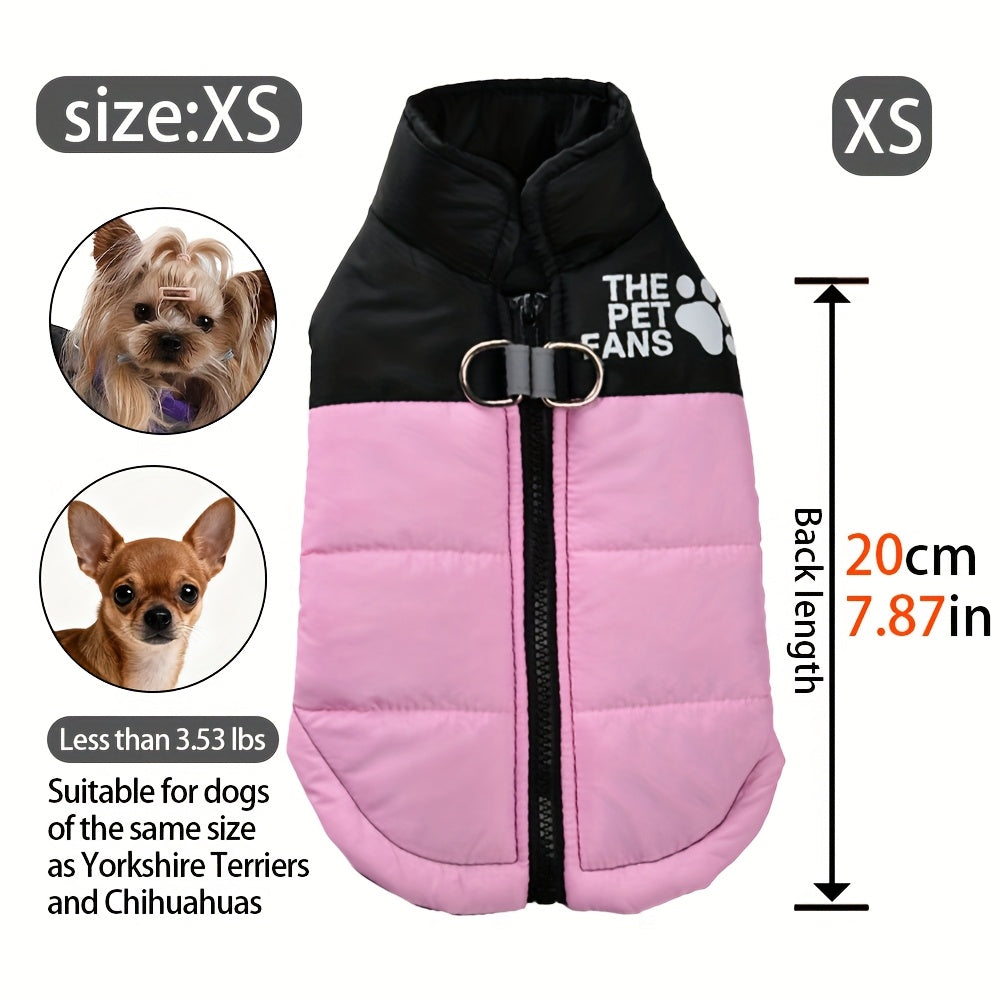 Manteau chaud pour chien avec 2 anneaux intégrés pour pouvoir partir en balade en toute sécurité, fermeture éclair pour un enfilage facile, diverses couleurs