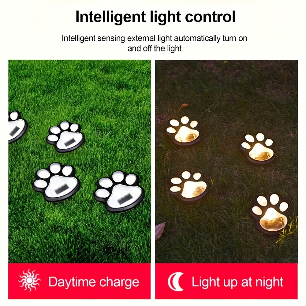 4 pièces de lumières LED solaires en forme de patte de chien - Décoration intelligente pour jardin et pelouse avec capteur intelligent, design mignon en forme de patte, blanc chaud et blanc froid
