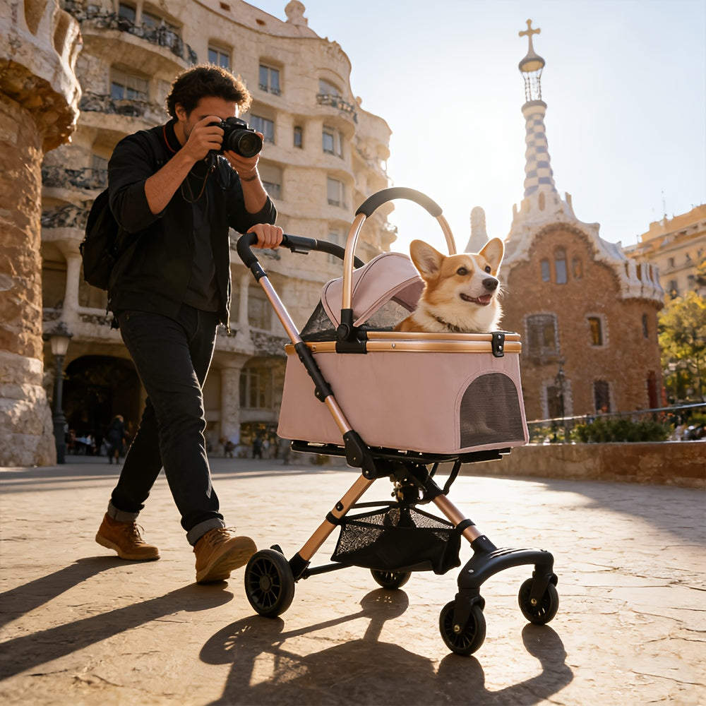 Poussette pliable et confortable, conception entièrement fermée et respirante. Elle est dotée d'un système de pliage à un seul bouton, de roues pivotantes à 360° et de roues directionnelles pour un double plaisir. Rose