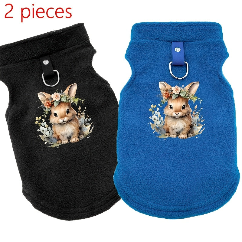 Ensemble de 2 gilets pour chiens avec adorable imprimé lapin pour Pâques, polaire doux et chaud, facile à enfiler