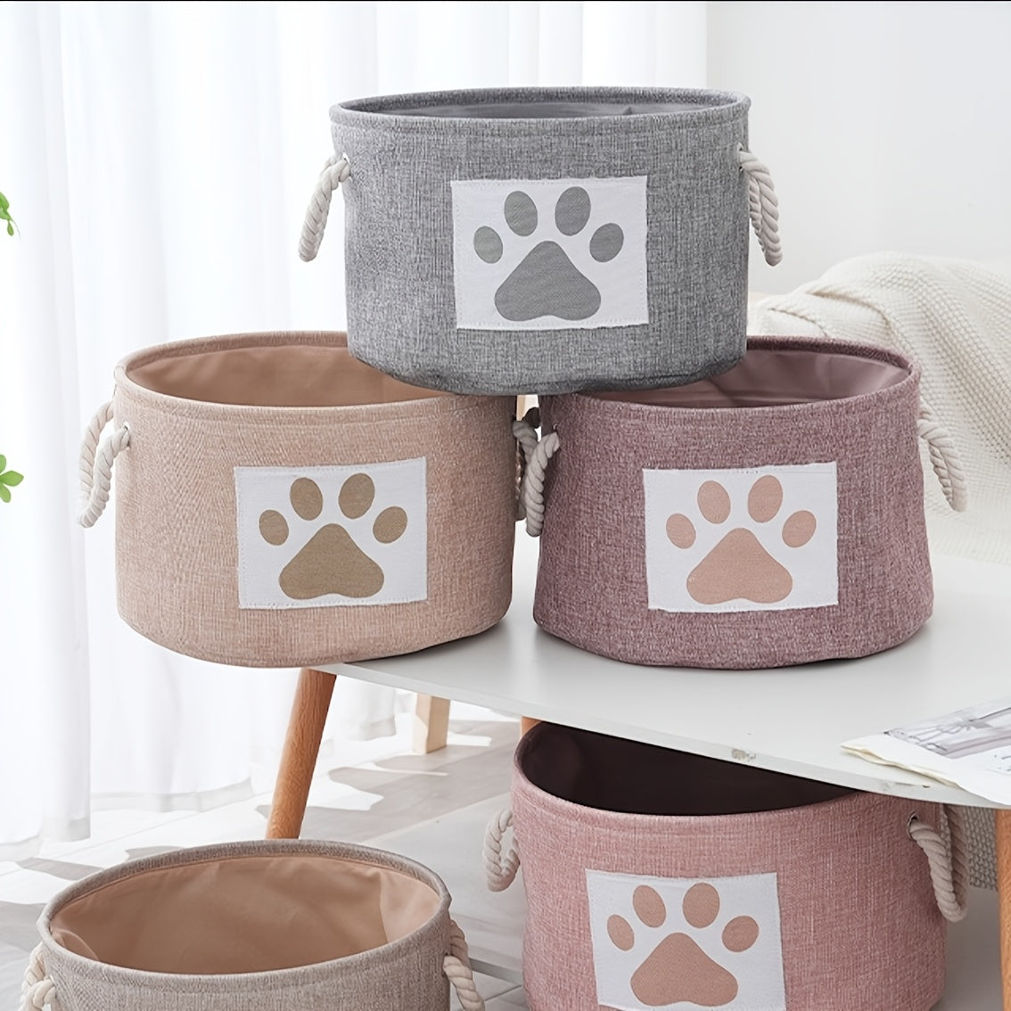 Grand panier de rangement en toile pour jouets pour chiens et chats, adorable motif de pattes - Conception durable, ronde et spacieuse, diverses couleurs