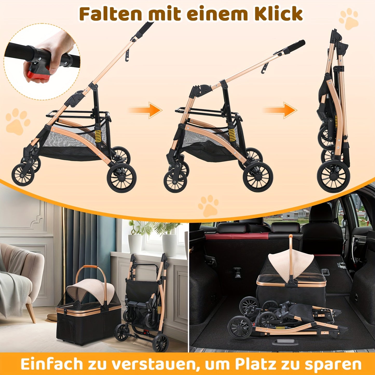 Poussette pour chien et chat, conception pliable, poussette 3 en 1 avec panier couvert, fenêtre en filet, porte-gobelet et roues en caoutchouc durables à 360°, idéale pour les longues promenades en extérieur, diverses couleurs