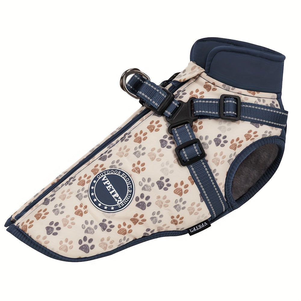 Manteau pour chien, doublé d'un polaire pour garder votre compagnon au chaud, harnais intégré ajustable, bandes réfléchissantes, motif de pattes, diverses couleurs