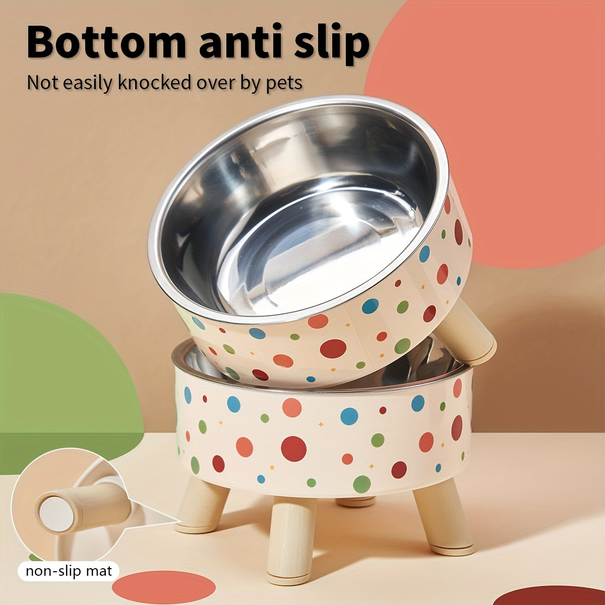 Gamelle surélevée pour chien et chat, grande capacité, antidérapante, conception ergonomique pour un repas confortable en hauteur, beige à petits pois