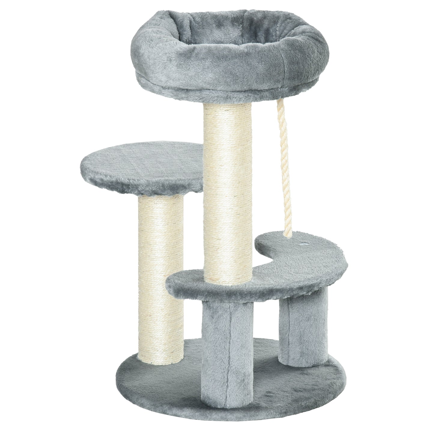 Arbre à chat avec 2 poteaux à griffer, 2 plateformes en poils courts, 1 lit, 1 corde à grimper, Gris