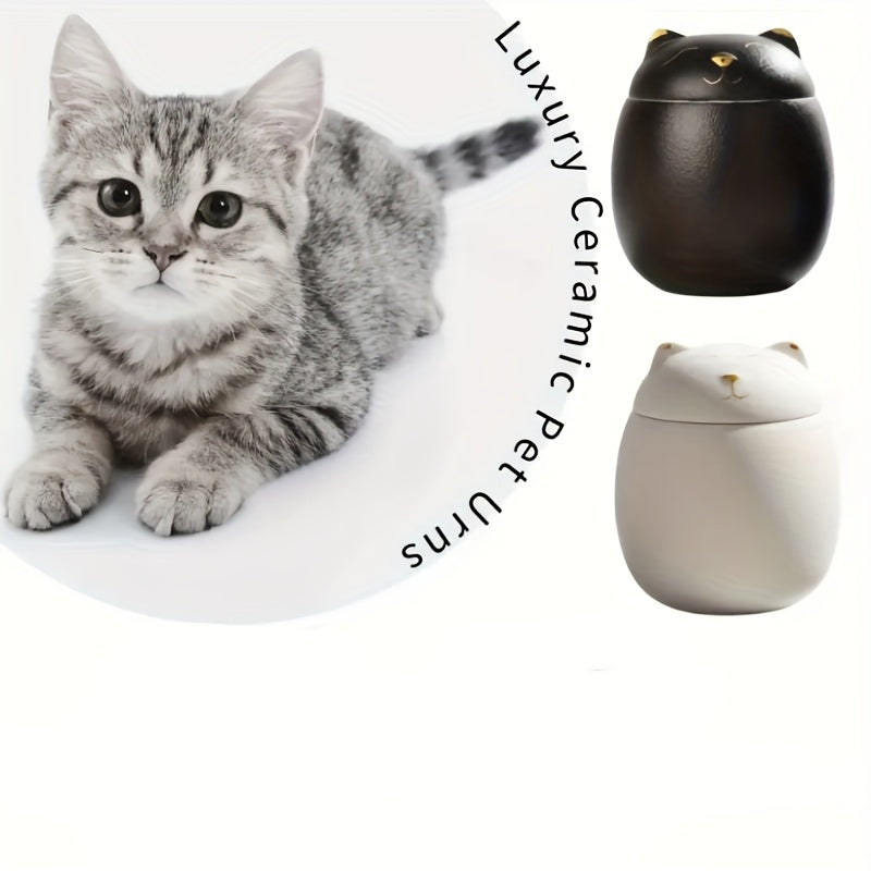 Urne funéraire en céramique pour chat, pour les cendres ou les poils de votre compagnon disparu, blanc ou noir avec du doré