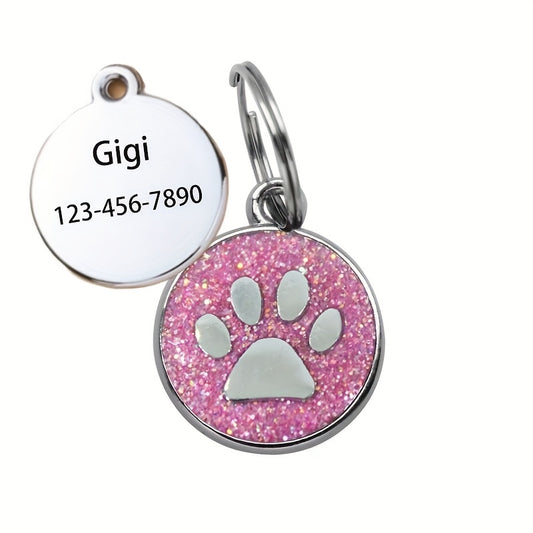 Médaille pour chien personnalisée, ronde avec un motif de patte, disponible dans plusieurs couleurs pailletées