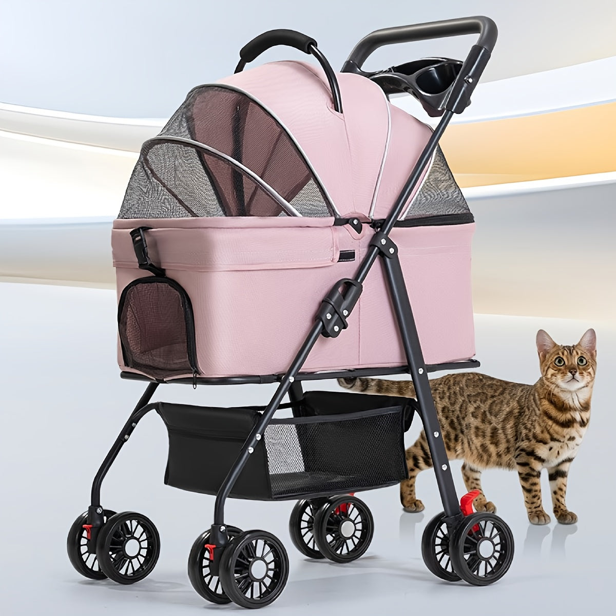 Poussette pour chien et chat 2 en 1, multifonctionnelle avec 4 doubles roues, tout terrain, panier amovible, pliable et compacte, en maille respirante, diverses couleurs