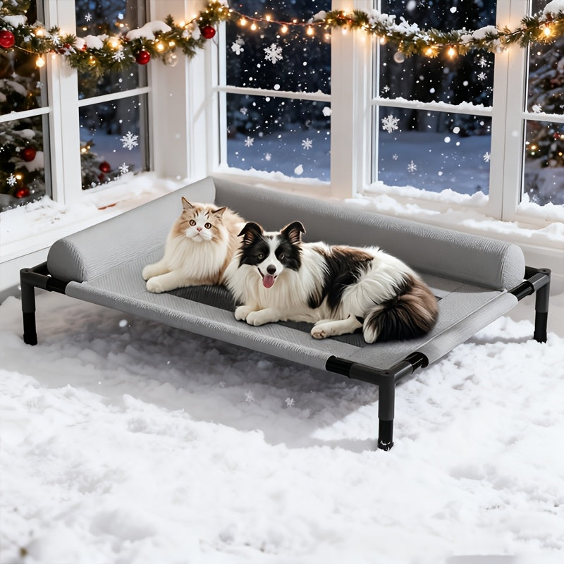 Lit surélevé pour chien et chat avec base en maille ventilée, adapté à une utilisation intérieure/extérieure. Lit moderne et confortable, gris