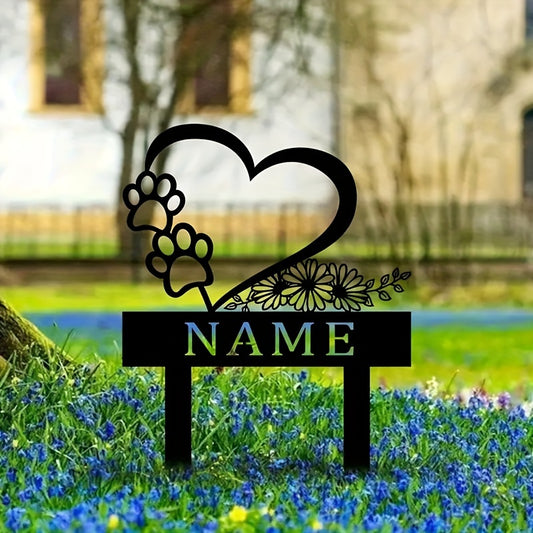 Piquet de jardin commémoratif en métal personnalisé pour animaux de compagnie, motifs représentants 2 empreintes de pattes, un cœur et un motif floral, plaque pour graver le NOM de votre compagnon disparu