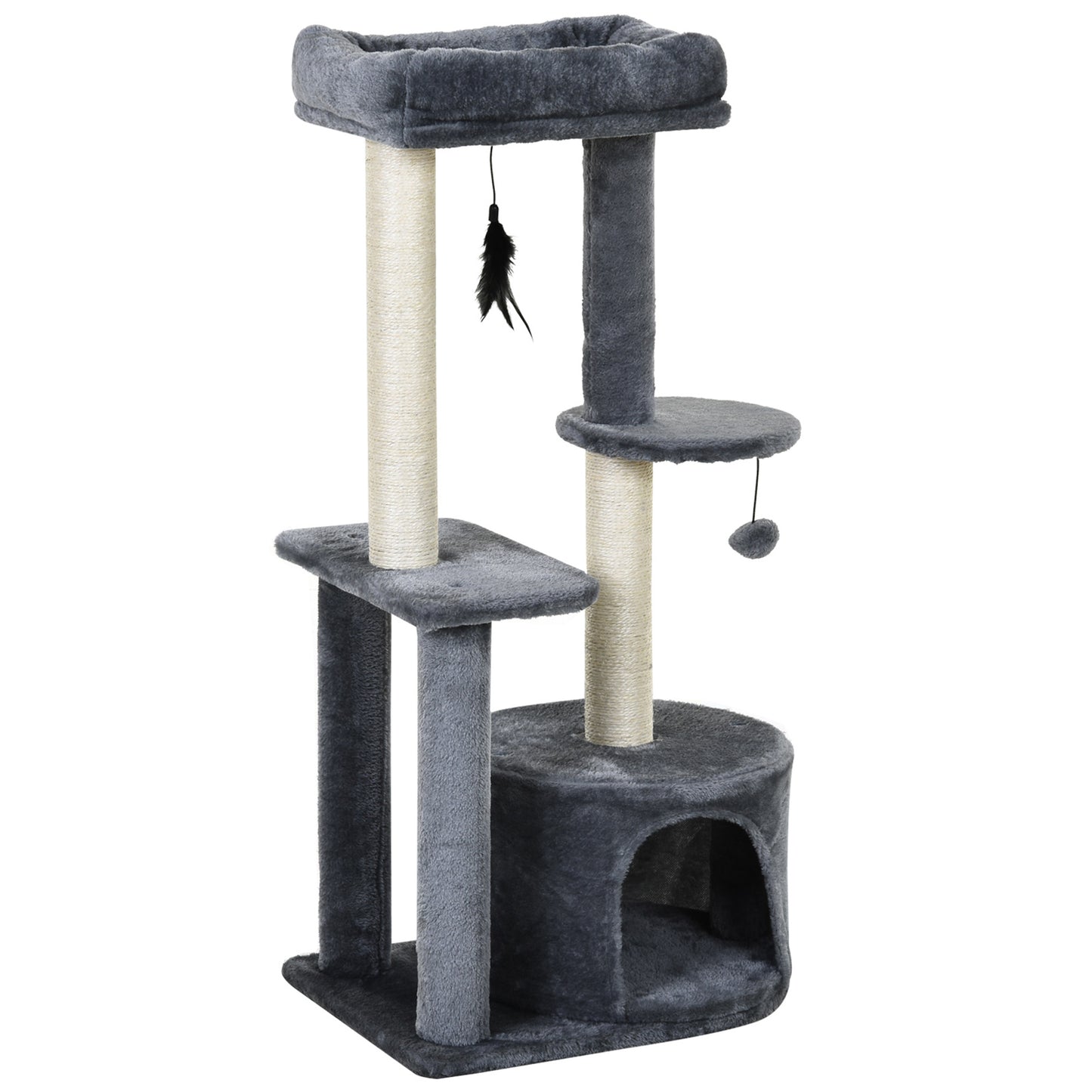 Arbre à chat avec poteaux à griffer, plateforme de nidification et peluche, 2 jouets suspendus et 1 cachette fermée, gris
