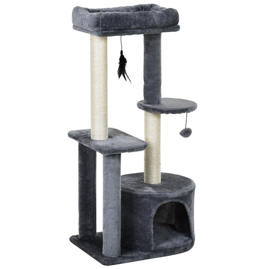 Arbre à chat avec poteaux à griffer, plateforme de nidification et peluche, 2 jouets suspendus et 1 cachette fermée, gris