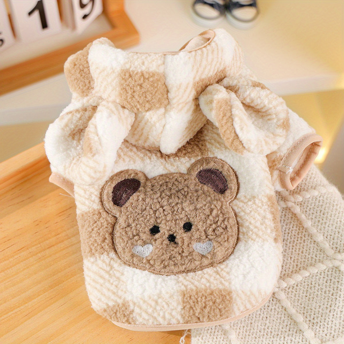 Sweat à capuche pour chien, motif à carreaux avec tête d'ourson et petites oreilles, mignon et bien chaud