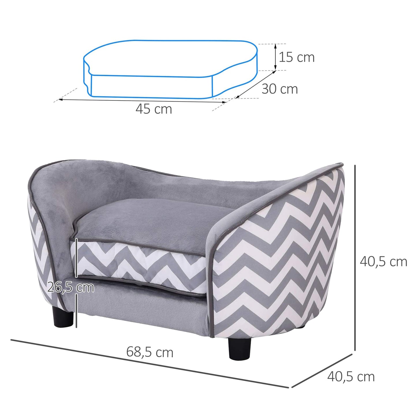 Canapé pour chien et chat, rembourré en mousse, armature en bois résistante, design moderne, gris et blanc
