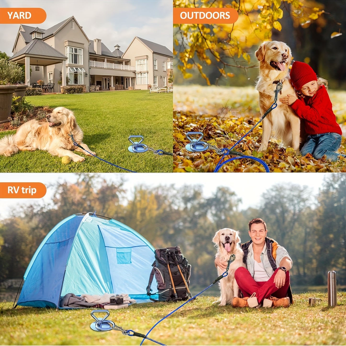 Piquet d'attache pour chien avec rotation à 360°, en acier inoxydable. Disponible avec des laisses en acier de 3,05 / 6,1 / 9,14 / 12,19 mètres