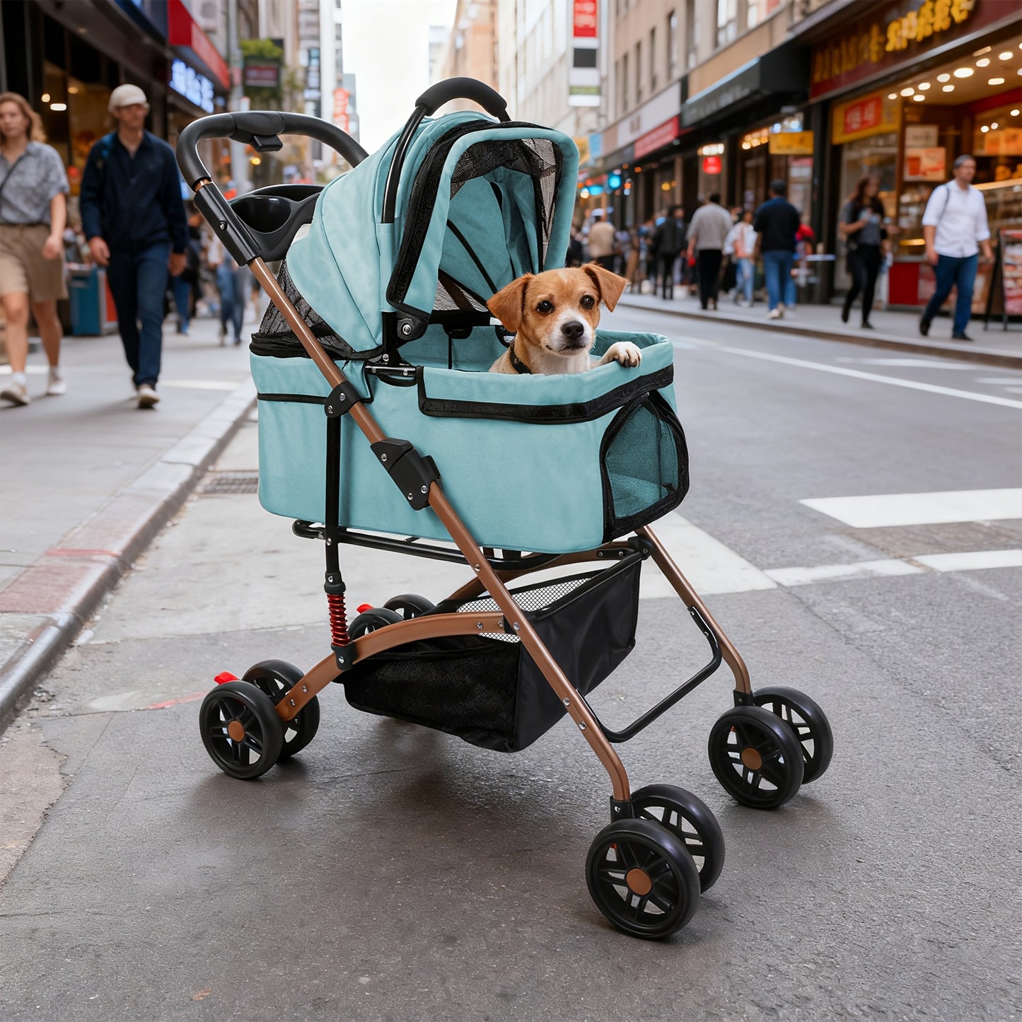Poussette pour chien et chat, conception pliable, poussette 3 en 1 avec panier couvert, fenêtre en filet, porte-gobelet et roues en caoutchouc durables, idéale pour les longues promenades en extérieur