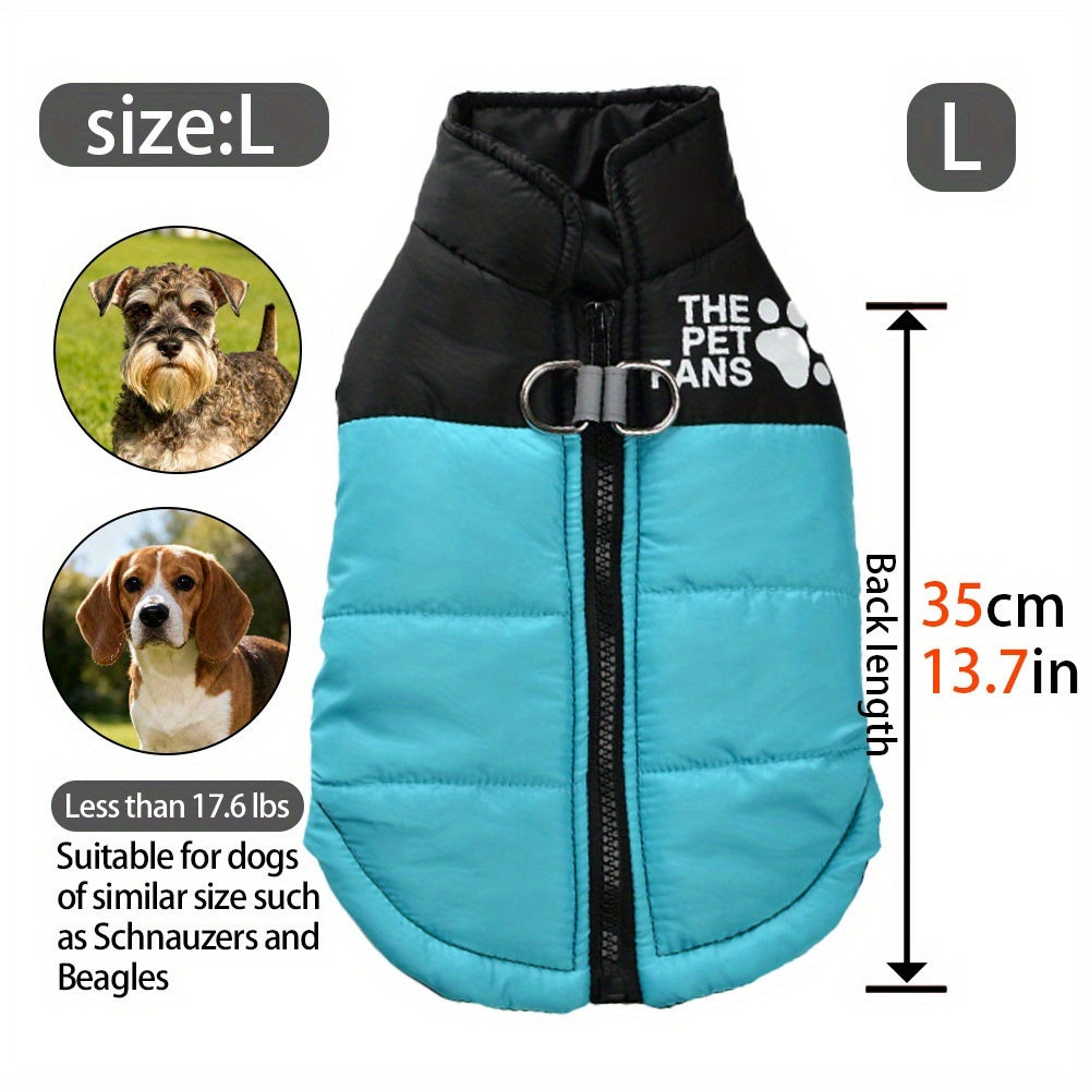 Manteau chaud pour chien avec 2 anneaux intégrés pour pouvoir partir en balade en toute sécurité, fermeture éclair pour un enfilage facile, diverses couleurs