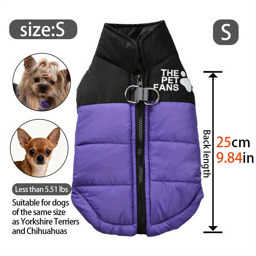 Manteau chaud pour chien avec 2 anneaux intégrés pour pouvoir partir en balade en toute sécurité, fermeture éclair pour un enfilage facile, diverses couleurs