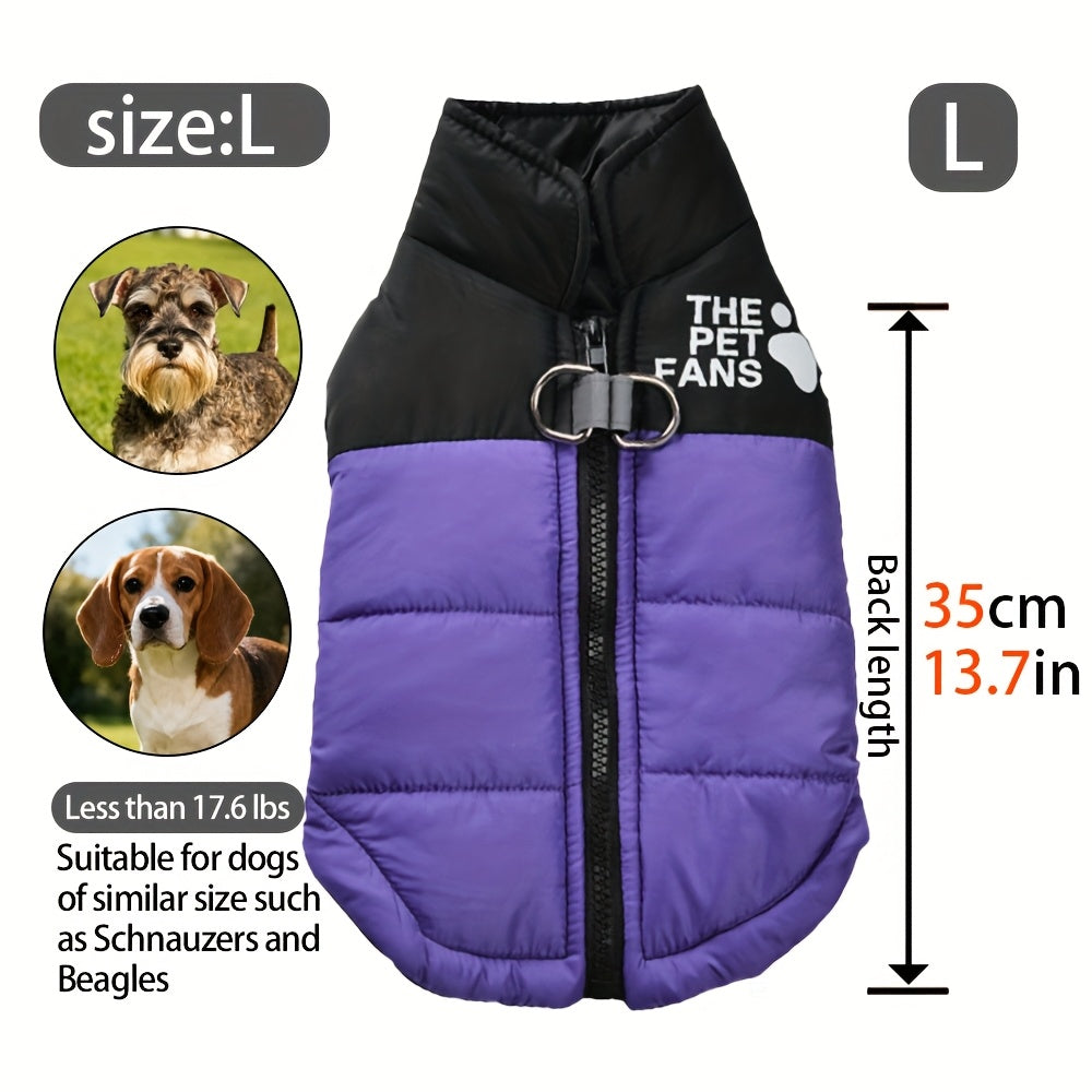 Manteau chaud pour chien avec 2 anneaux intégrés pour pouvoir partir en balade en toute sécurité, fermeture éclair pour un enfilage facile, diverses couleurs